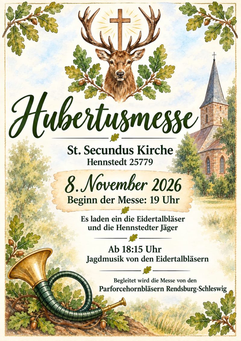 Plakat zur Hubertusmesse am 8. November 2026 in St. Secundus Hennstedt