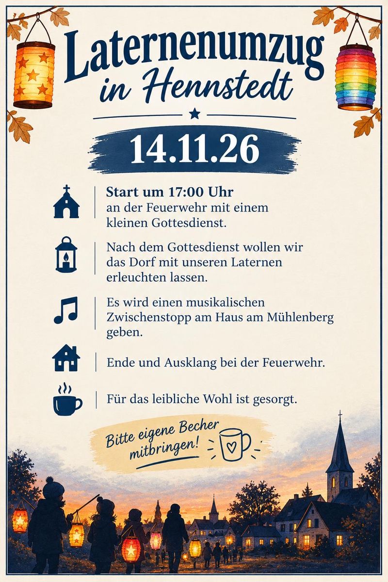 Plakat zum Laternenumzug am 14. November 2026 in Hennstedt